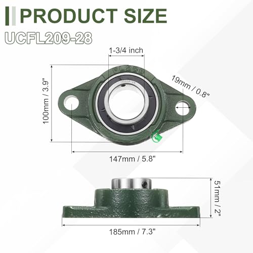 uxcell UCFL209-28 Pillow Block Bearings, 1-3/4 in Bore Chrome Steel, ABEC3 - size: UCFL209-28 (Bore 1-3/4")