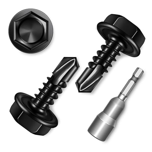 100Pcs #8 x 1/2" Sheet Metal Screws, 410 Stainless Steel Self Drilling Hex Head Black Self Tapping Screws for Metal with Drill Bit - color: Black, size: #8 x 1/2"