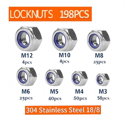 Metric Locknuts Assortment Kit-7 Sizes (M3 M4 M5 M6 M8 M10 M12),198PCS 304 (A2-70) Stainless Steel Nylon Insert Lock Nuts Kit, Standard Metric Thread Nylock Nuts - size: Multiple