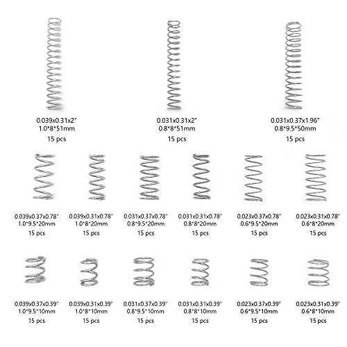225Pcs Small Compression Spring Assortment, 15 Different Sizes, Wire Diameter 0.6mm 0.8mm 1mm, Outer Diameter 8mm 9mm 9.5mm, Length 10mm 20mm 50mm for Repair Replacement - size: B KIT