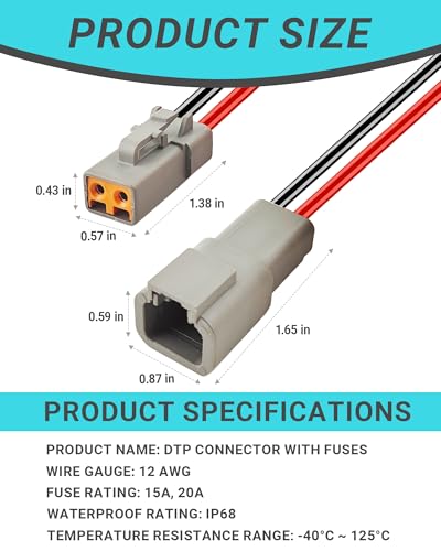12 AWG 2 Pin DTP Connector with 15A 20A Fuses, 2 Way Automotive Waterproof Electrical Connectors, 12 Gauge Cable Wire Male and Female Quick Connect Harness for Car Truck Boat LED-2 Pack - size: 12 AWG