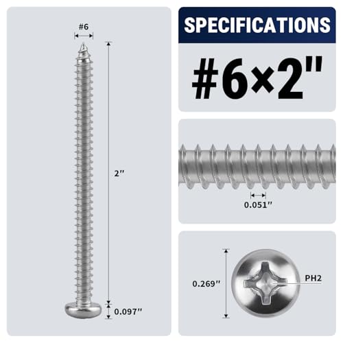 #6 x 2 (100 Pack) Stainless Steel Phillips Pan Head Wood Screws, Stainless Steel 304 (18-8), Pan Head Sheet Metal Screws Self Tapping for Wood - size: #6 x 2"