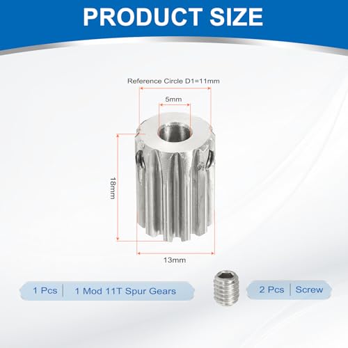 uxcell 1 Mod 11T Spur Gear 5mm Bore, 304 Stainless Steel Pinion Gear - size: 1 Mod 11T, 5mm