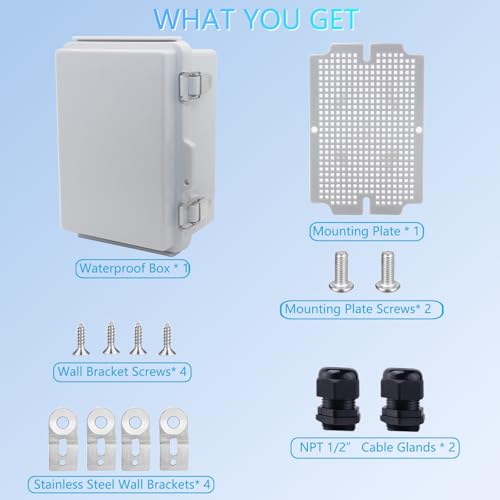 IP67 Waterproof Junction Box, ABS Plastic Electrical Enclosure with Stainless Steel Latch, Hinged Cover Electric Box with Mounting Plate, Wall Brackets & Cable Glands 175x125x95 - color: Grey, size: 6.9''x4.9''x3.5''