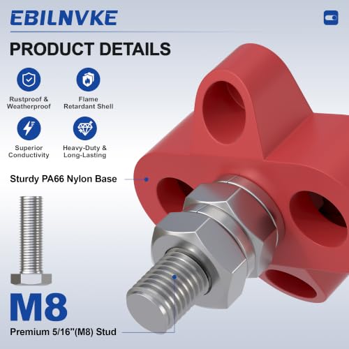 Bus Bar 12V 250A Power Distribution Block Single 5/16"(M8) Studs - size: 250A 1 x 5/16(M8) Stud