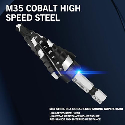 GMTOOLS M35 Four Spiral Flute Cobalt Step Drill Bit, 3/16"-7/8" Wear-Resistant TiAlN Coated Four-Flute Step Bit, 1/4" Hex Shank Unibit Step Bit for Metal, Stainless Steel, Aluminum, Wood, Plastic - style: Four blade 3/16-7/8