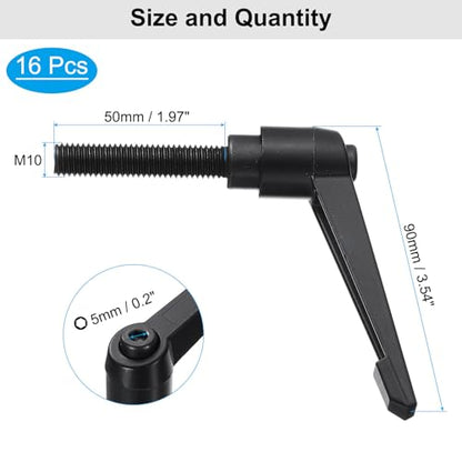uxcell 16pcs Lever Adjustable Handles M10 x 50mm Metric Male Thread, Level Clamping Handle Hand Stud Knobs Rotating Screw Handles Bolts with Locking Lever, Black - size: M10 x 50mm