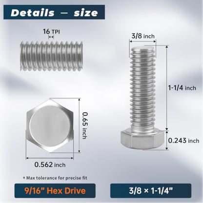 8 Sets Glvaner 3/8-16 x 1-1/4" Stainless Steel Hex Head Screws Bolts, Nuts, Flat & Lock Washers, 18-8 (304) Stainless Steel, Full Thread, Coarse Thread - size: 3/8-16 x 1-1/4"
