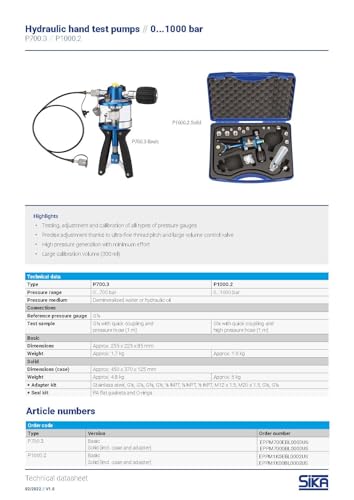 Hydraulic Hand Test Pump Only – 0 to 10,150 PSI (700 Bar) Pressure Range – Portable Calibration Tool with Fine Adjustment Valve, 10oz. (300ml) Volume, Quick Coupling Hose - P700.3 - SIKA