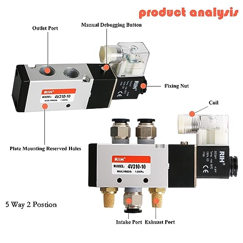 RIH Pneumatics Solenoid Valve 4V310-10 12V/24V/110V Series Single Coil Pilot-Operated Electric 2 Position 5 Way Connection Type (DC24V/Junction Box, 3/8"NPT) - size: DC24V/Junction Box, style: 3/8"NPT