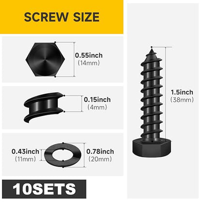Mywish (10Sets) 3/8" x 1-1/2" Hex Head Lag Bolts, Heavy Duty Lag Screws with Washers, 304 Stainless Steel Bolts 18-8, Lag Screws Wood Screws, Partial Thread Black Oxide, 3/8 Bolt - size: 3/8 x 1-1/2" (10 set)