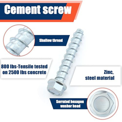 Tandefio 40 Pack 3/8" x 3" Concrete Screw Anchor Galvanized Large Diameter Heavy Duty Plated Concrete Anchors for Masonry Brick Anchoring Block Decking Framing Hex Drive - size: 3/8" X 3"
