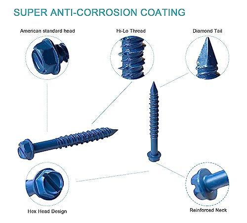 1/4 x 2-1/4" Hex Head Concrete Screw Anchor, for Anchoring to Masonry, Block or Brick (100Pcs) - size: 1/4 x 2-1/4", style: Hex Head
