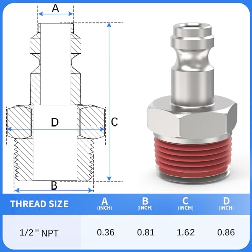 ChillWaves Automotive T-Style Air Plug, 1/4" Body Size, 1/2" NPT Male Pneumatic Plugs, Air Compressor Accessories Fittings(10-PACK) - size: 1/2" MNPT(1/4" Body)