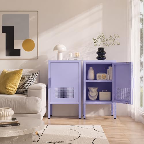 Single Door Metal Coffee Table Adjustable Easy to Assemble Living Room 2-Tier Side Table for Storing Mobile Phones and Books Children's Bedside Table Purple 24" H X 13.8" W X 15" D - color: Lilac, style: End Table-24"H-BG