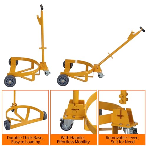 55 Gallon Drum Dolly, 1200lbs Capacity Oil Drum Caddy, Low Profile Barrel Dolly Cart with Adjustable Handle for Workshop Factory Warehouse