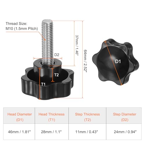 HARFINGTON 4pcs Star Knobs M10 x 37mm 304 Stainless Steel Threaded Stud 46mm Plastic 6-Star Head Hand Tightening Thumb Screw Clamping Jig Knob Handle, Black - size: M10 x 37mm x 46mm