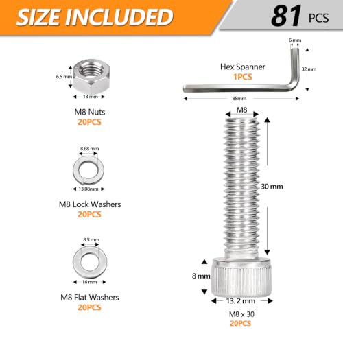 20 Sets Metric M8 Hex Socket Head Cap Screws Bolts Kit, M8-30mm Screw - size: M8 - 30mm