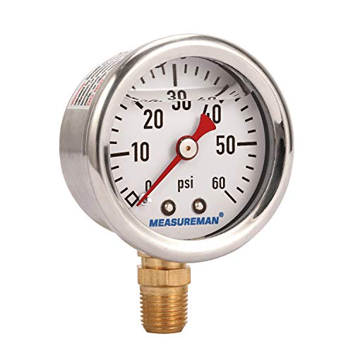MEASUREMAN 1-1/2" Dial Size, Glycerin Filled Fuel Pressure Gauge, 304 Stainless Steel case, 0-60Psi, +/-3-2-3%, 1/8" NPT Lower Mount - size: 0-60 psi, style: Lower Mount