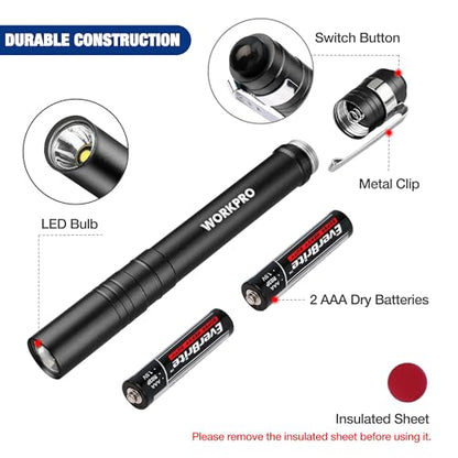 WORKPRO LED Pen Light, Aluminum Pen Flashlight, Pocket Flashlight with Clip - color: Black