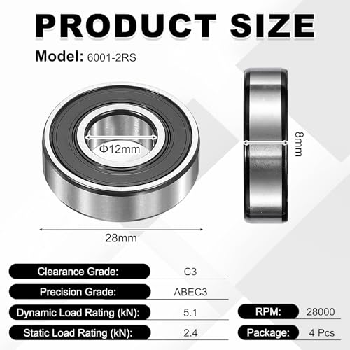 uxcell 4Pcs 6001-2RS Deep Groove Ball Bearings, 12x28x8 mm High Speed Double Rubber Seal Bearings Pre-Lubricated and Stable for Industrial Machinery Repairs 3D Project - size: 6001-2RS(12x28x8 mm)