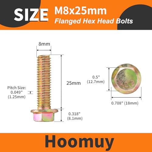 M8 x 25mm 25pcs Heavy Duty Flanged Hex Head Bolts, Flange Hexagon Head Screws, 10.9 Grade Alloy Steel, Yellow Zinc Plated, Metric Fully Thread - size: M8 x 25mm(25pcs)