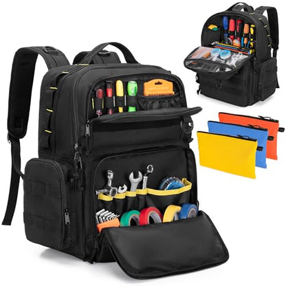 Rexmica Heavy-Duty Tool Bag Backpack for Men with 3 Tool Pouches, Black - color: Black