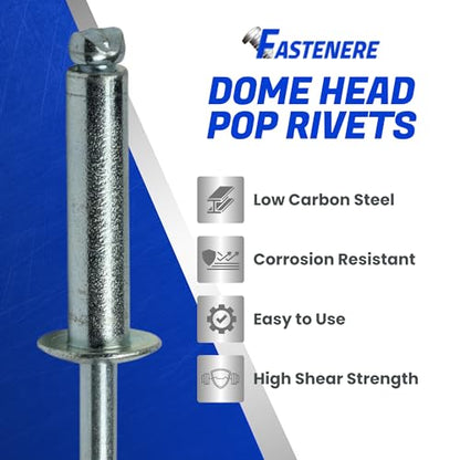 Fastenere Pop Rivets - 1/8" x 5/8" (100 pcs) Heavy Duty, Open-End, Low Carbon Steel, Dome-Head Blind Rivets, Corrosion-Resistant & High Shear Strength, 4-10 Gap 0.501"-0.625" - size: 1/8" x 5/8" (4-10) (100 Pack)
