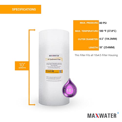 Max Water 10" x 4.5" Whole House Sediment Filter Cartridge Replacement | 1 Micron Melt-Blown Polypropylene Well Water Filter, Compatible with DGD-5005, AP810, WFHD13001B (Pack of 2) - size: 1, style: 1 Micron