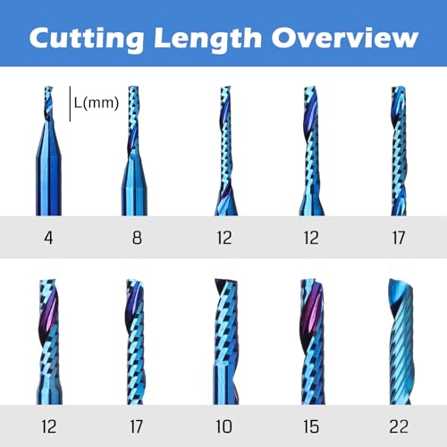 Genmitsu 1/8 Inch Shank 10pcs Carbide Spiral O Flute (Single Flute) End Mill CNC Router Bits, Solid Nano Blue Coat, for Woodworking Cutting Carving Wood Acrylic PVC PCB MDF, OS10A - style: O-Flute 10pcs