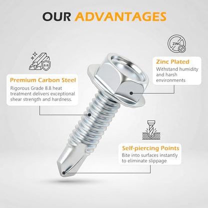 1/4" x 1" Hex Washer Head Self-Drilling Screws (50 PCS), Grade 8.8 Heat Treated Carbon Steel, Zinc Plated Self Tapping Screws, Industrial Strength Metal Fasteners - color: Silvery, size: Self-Drilling 50 pcs