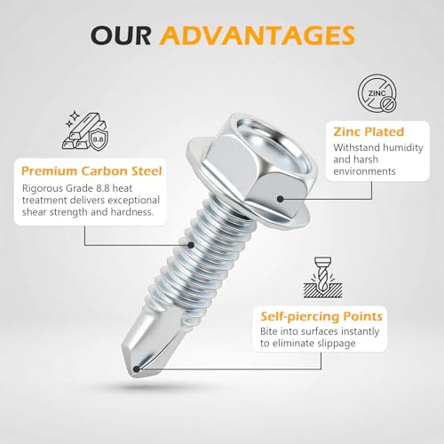 1/4" x 1" Hex Washer Head Self-Drilling Screws (100 PCS), Grade 8.8 Heat Treated Carbon Steel, Zinc Plated Self Tapping Screws, Industrial Strength Metal Fasteners - color: Silvery, size: Self-Drilling 100 pcs