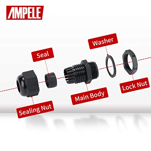 Cable Gland 20 Pack PG7 Waterproof Adjustable 3.5-6mm Nylon Cable Glands Joints with Gaskets, Black(PG7)