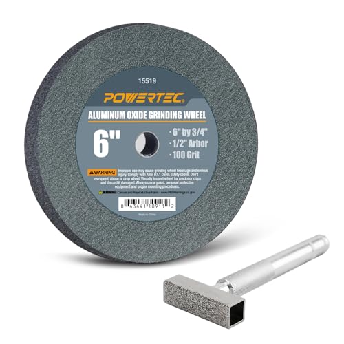 POWERTEC Bench Grinder Wheel + Diamond Wheel Dresser 6 Inch 100 Grit, Aluminum Oxide Grinding Wheel for Bench Pedestal Grinder, 3/4" Thick 1/2" Arbor, Sharpening & Shaping Blade, Chisel & Drill Bits - style: 6" AO Wheel 100 Grit, 1/2 Arbor + Dresser