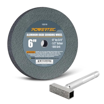 POWERTEC Bench Grinder Wheel + Diamond Wheel Dresser 6 Inch 100 Grit, Aluminum Oxide Grinding Wheel for Bench Pedestal Grinder, 3/4" Thick 1/2" Arbor, Sharpening & Shaping Blade, Chisel & Drill Bits - style: 6" AO Wheel 100 Grit, 1/2 Arbor + Dresser