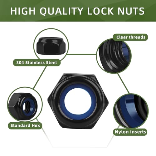 50 PCS M5-0.8 Nylon Insert Locknuts, Standard Metric Thread Self-Lock Nylon Inserted Hex Lock Nuts, Black Coating - size: M5