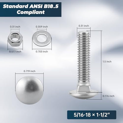 5/16-18 x 1-1/2 Inch Carriage Bolt Kit, 304 Stainless Steel (18-8) with Hex Nuts & Flat Washers - 16 Sets, Round Head Square Neck, Full Thread Coverage by Glvaner - size: 5/16-18 x 1-1/2"