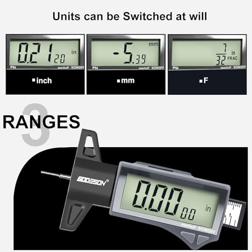 GODESON Digital Tire Tread Depth Gauge - IP54 Waterproof, 2.5" LCD Screen, 3 Modes (Fraction/Inch/MM), 1" Range, Auto-Off, Tire Wear Measure Gauge Tool 32nds for Car, Truck & SUV Tires - style: IP54 IN/MM/FRAC - Grey