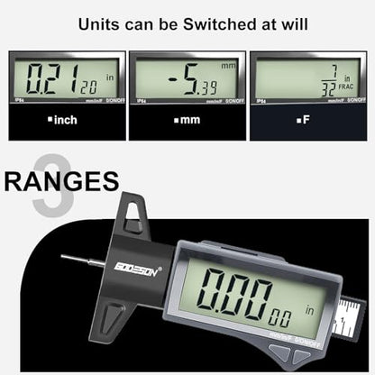 GODESON Digital Tire Tread Depth Gauge - IP54 Waterproof, 2.5" LCD Screen, 3 Modes (Fraction/Inch/MM), 1" Range, Auto-Off, Tire Wear Measure Gauge Tool 32nds for Car, Truck & SUV Tires - style: IP54 IN/MM/FRAC - Grey