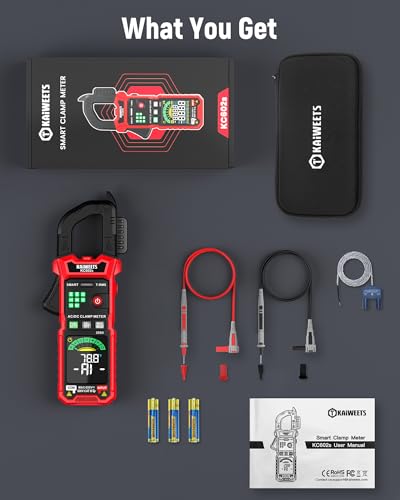 KAIWEETS Smart Digital Clamp Meter, 2026 AI Auto Ranging Multimeter with D-Shaped Jaw, NCV, Inrush, Automatic Measure AC DC Voltage/Current, Continuity, Temperature, Resistance, Capacitance, Diode