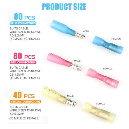 200PCS Heat Shrink Bullet Connectors Kit 22-10AWG, Waterproof Insulated Male & Female Wire Terminals Splice Crimp Connectors (12-10AWG,14-16AWG,18-22AWG), for Automotive Marine RV Home Wiring