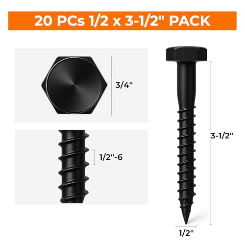 1/2 x 3-1/2 Black Lag Bolts, 20 PCs Heavy Duty Dacromet-Coated 304 Stainless Wood Lag Screws, Hex Head for Outdoor Framing Construction - color: Black, size: 1/2 x 3-1/2"