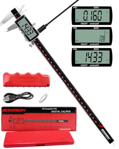 Digital Caliper 12 Inch, ±0.001" High Precision, Rechargeable & IP54 Calipers Measuring Tool, Stainless Steel Vernier Caliper 300mm with Large LCD, MM/Inch/F, Rubber Grip for 3D Printing, Machine Shop - size: 12"-USB‑C