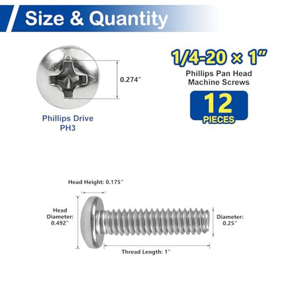 12 Sets 1/4-20 x 1 Pan Head Machine Screws Nuts Washers Assortment Kit - size: 1/4-20 x 1"