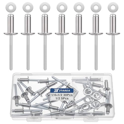 35pcs 1/4" x 1/2" Stainless Steel Pop Rivets with Stainless Steel Washers 6.4 x 12.7mm Blind Rivet Assortment Kit - size: 1/4*1/2