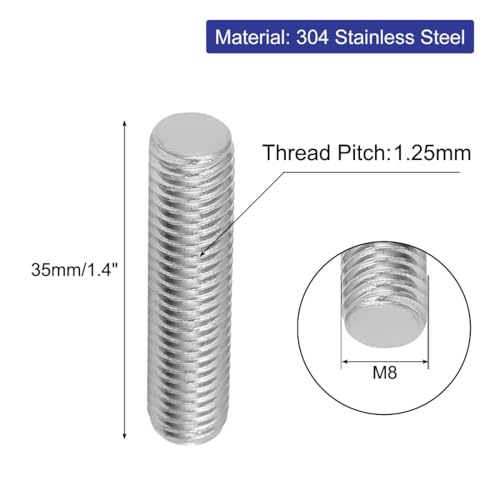 uxcell M8 x 35mm 1.25mm Pitch 304 Stainless Steel Fully Threaded Rod Silver Tone 20 Pcs - size: M8 x 35mm