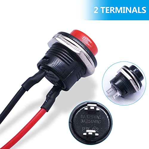 Twidec/6Pcs SPST Momentary Push Button Switch AC250V/3A AC125V/6A Mini Off(ON) ON Black + Red with Pre-soldered Wires R13-507BKR-X - color: Black＆Red-16mm, size: Momentary