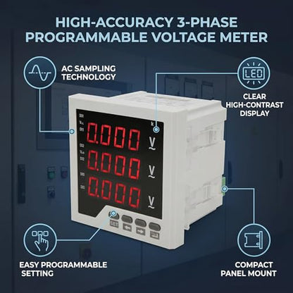 3 Phase Voltage Meter AC 450V, DTM-AV96 Digital Voltmeter 1 LED Display Panel Programmable Voltage Current Frequency Tester