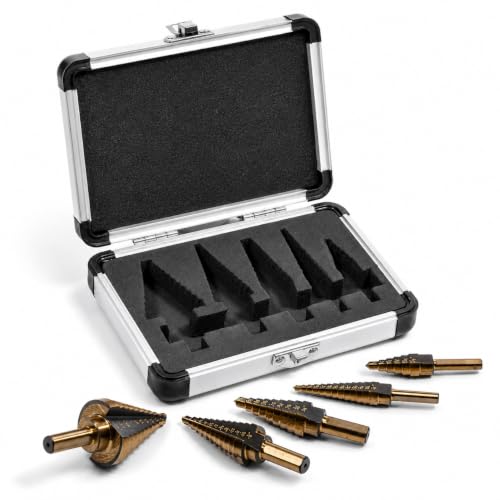 XtremepowerUS 5-Piece HSS Titanium Step Drill Bit Set, 50 Hole Sizes Multi-Size Unibit Drill Bits for Sheet Metal, Wood, Plastic & DIY Projects with Storage Case - size: 5 Pieces Set
