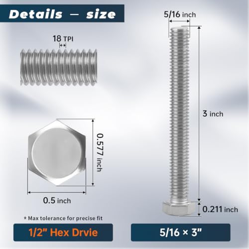 8 Sets Glvaner 5/16-18 x 3" Stainless Steel Hex Head Screws Bolts, Nuts, Flat & Lock Washers, 18-8 (304) Stainless Steel, Full Thread, Coarse Thread - size: 5/16-18 x 3"